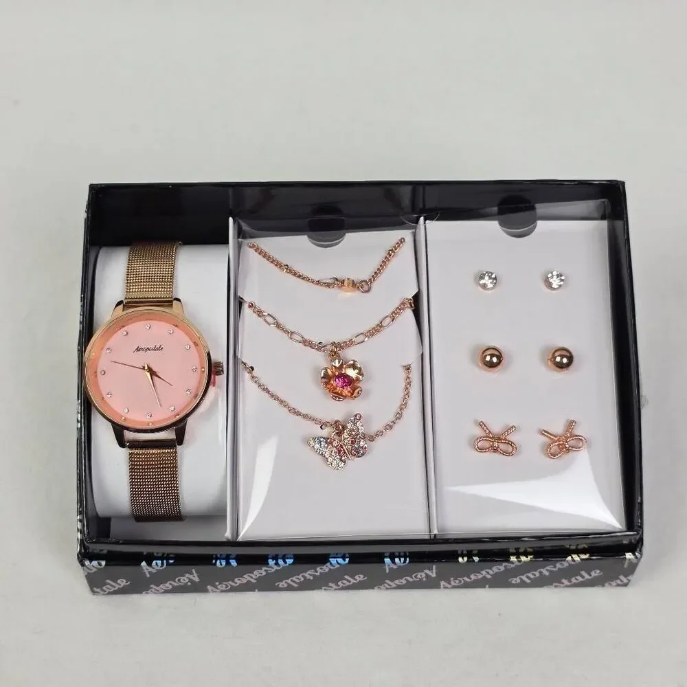 Aeropostale Watch Jewelry Set Necklace Earrings Rose Gold Pink